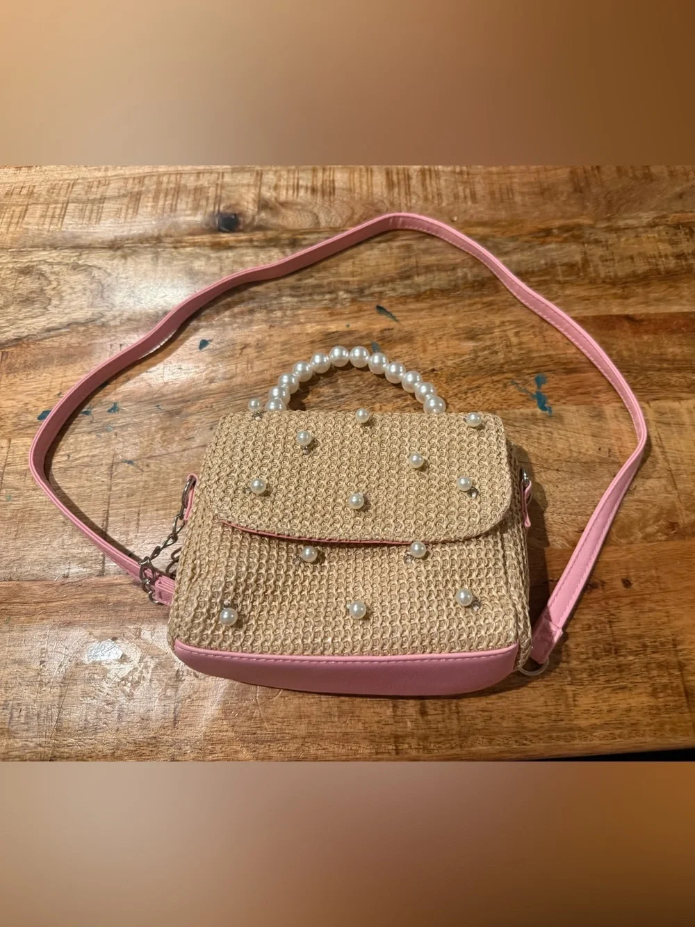 OMG Accessories Tan & Pink Pearl Detailed Convertible Bag